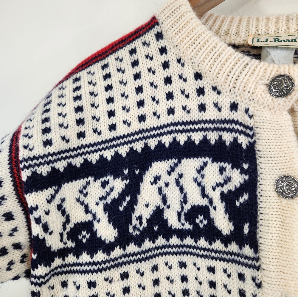 L.L. Bean Ivory, Navy & Red Elk Motif Wool Cardigan - Picture 2 of 11